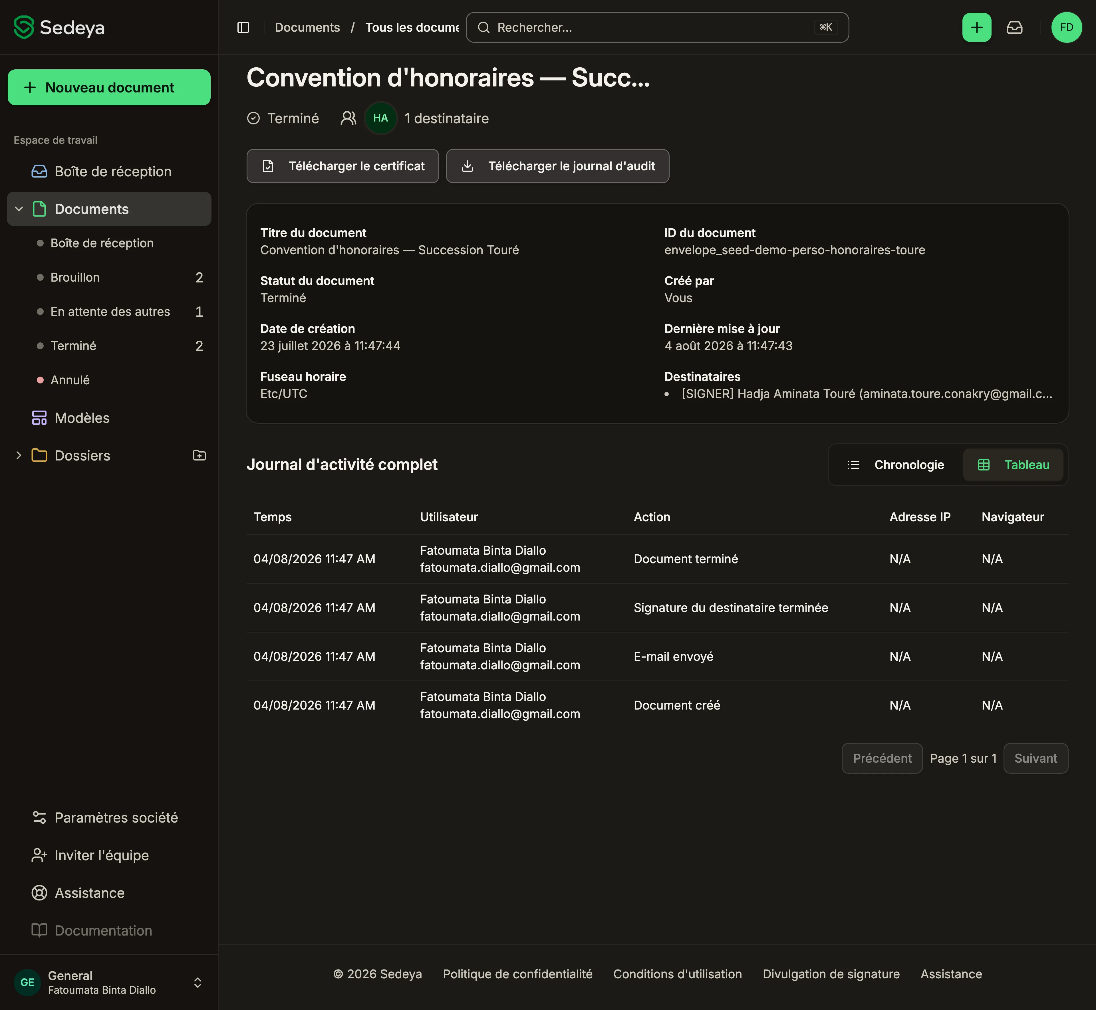 The Sedeya app in French, showing a completed agreement's details above its full audit trail, which lists each action with its timestamp and the user who performed it, alongside IP address and browser columns.