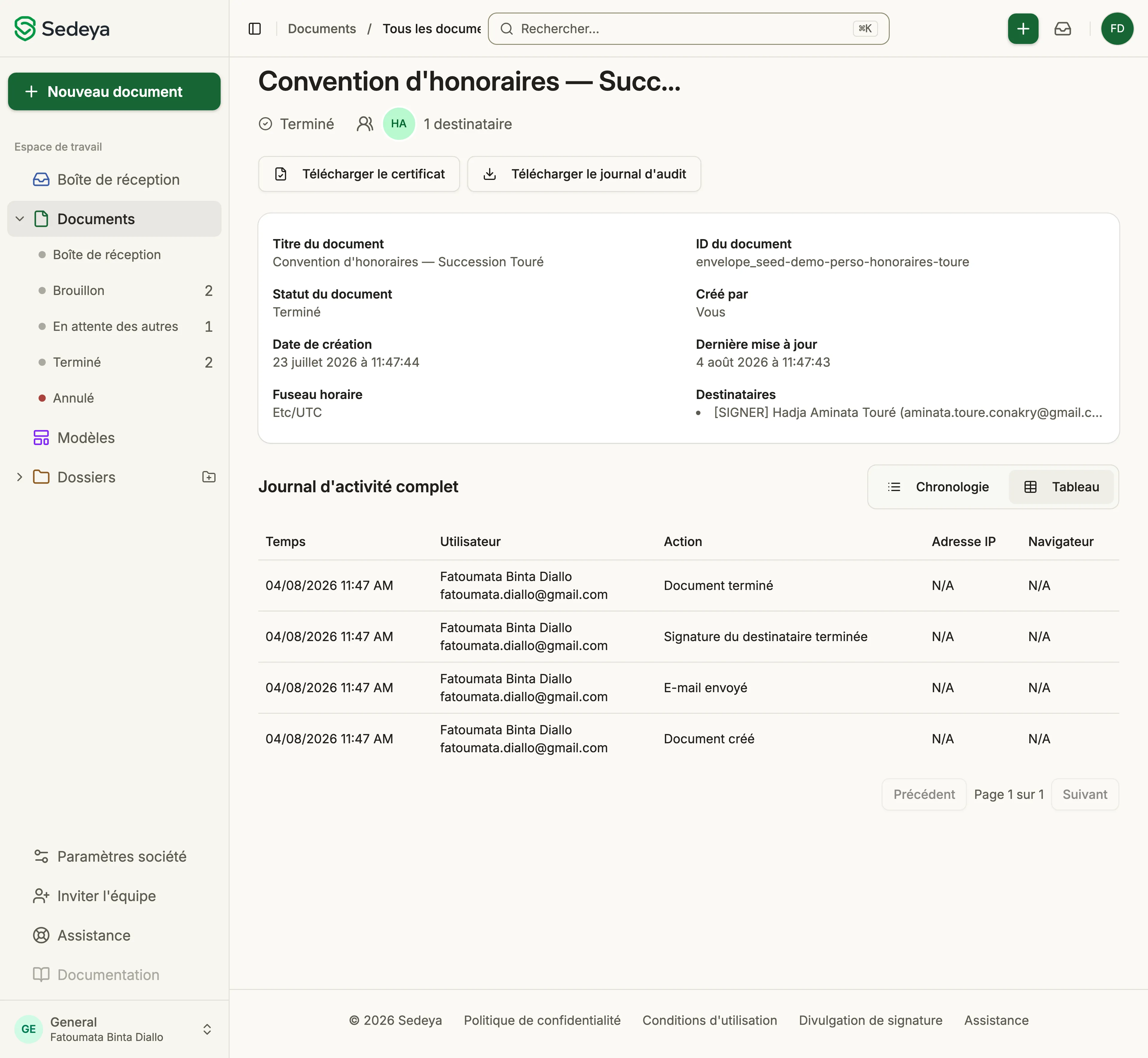 The Sedeya app in French, showing a completed agreement's details above its full audit trail, which lists each action with its timestamp and the user who performed it, alongside IP address and browser columns.