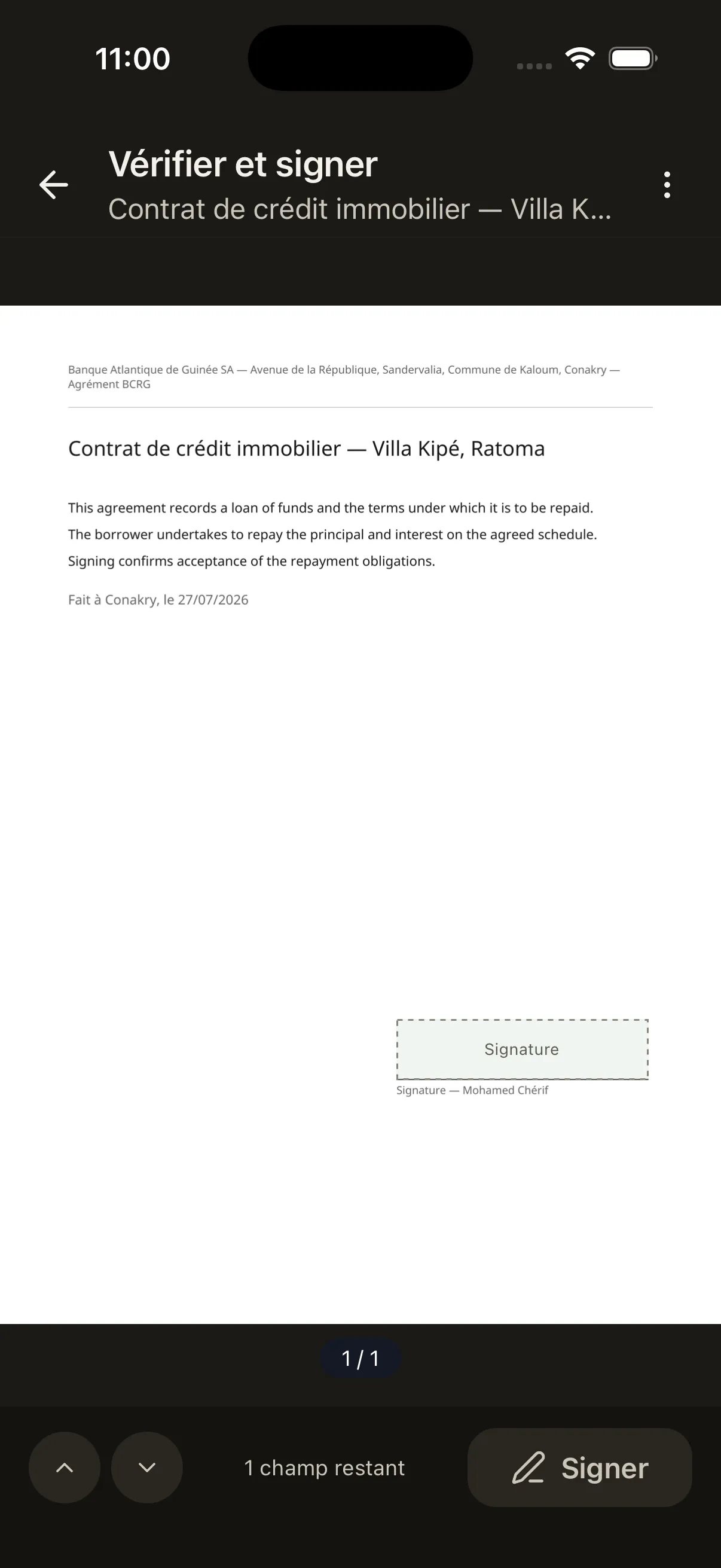 The Sedeya Sign mobile app in French, showing a loan agreement open at the signing step with one field left to complete and a Signer button.
