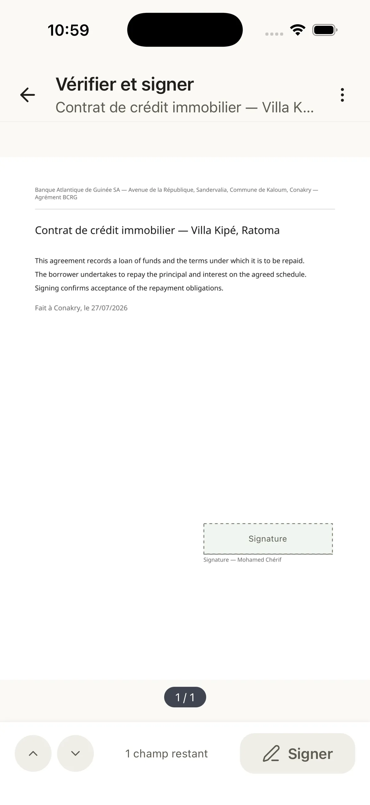 The Sedeya Sign mobile app in French, showing a loan agreement open at the signing step with one field left to complete and a Signer button.